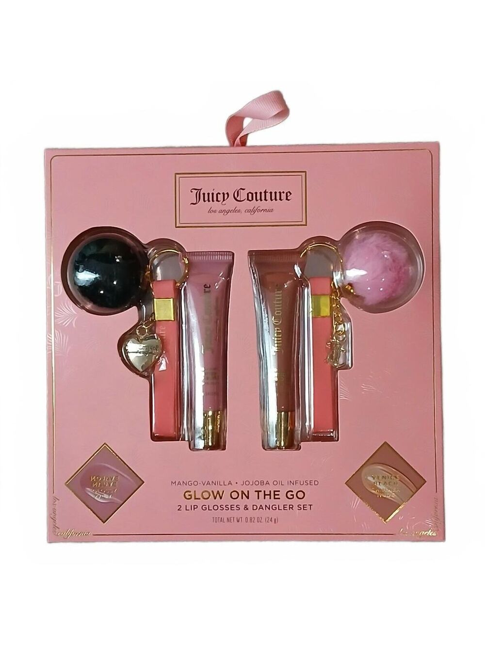 Juicy Couture Glow On The Go Lip Gloss Set Keychain Pom Pom Charm NWT
